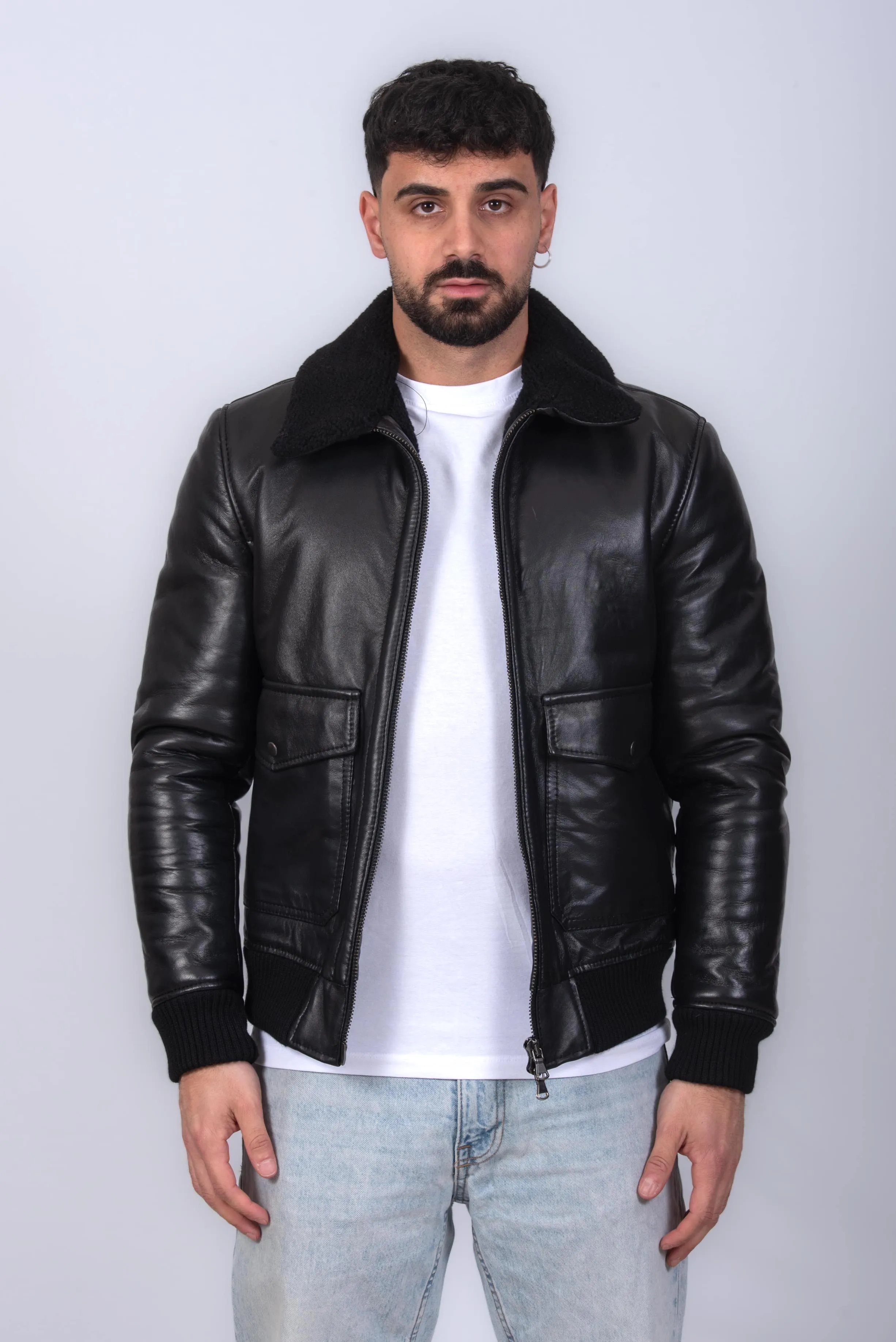 BOMBER IN VERA PELLE CON ECOMONTONE UOMO NERO