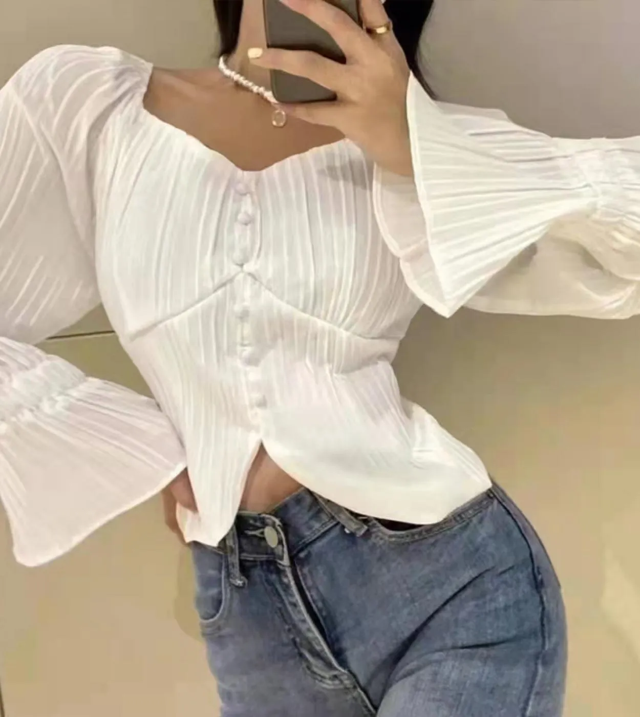 Camicetta in chiffon da donna con spalle scoperte alla moda, manica svasata, colletto quadrato, top corto, camicia con collo a p