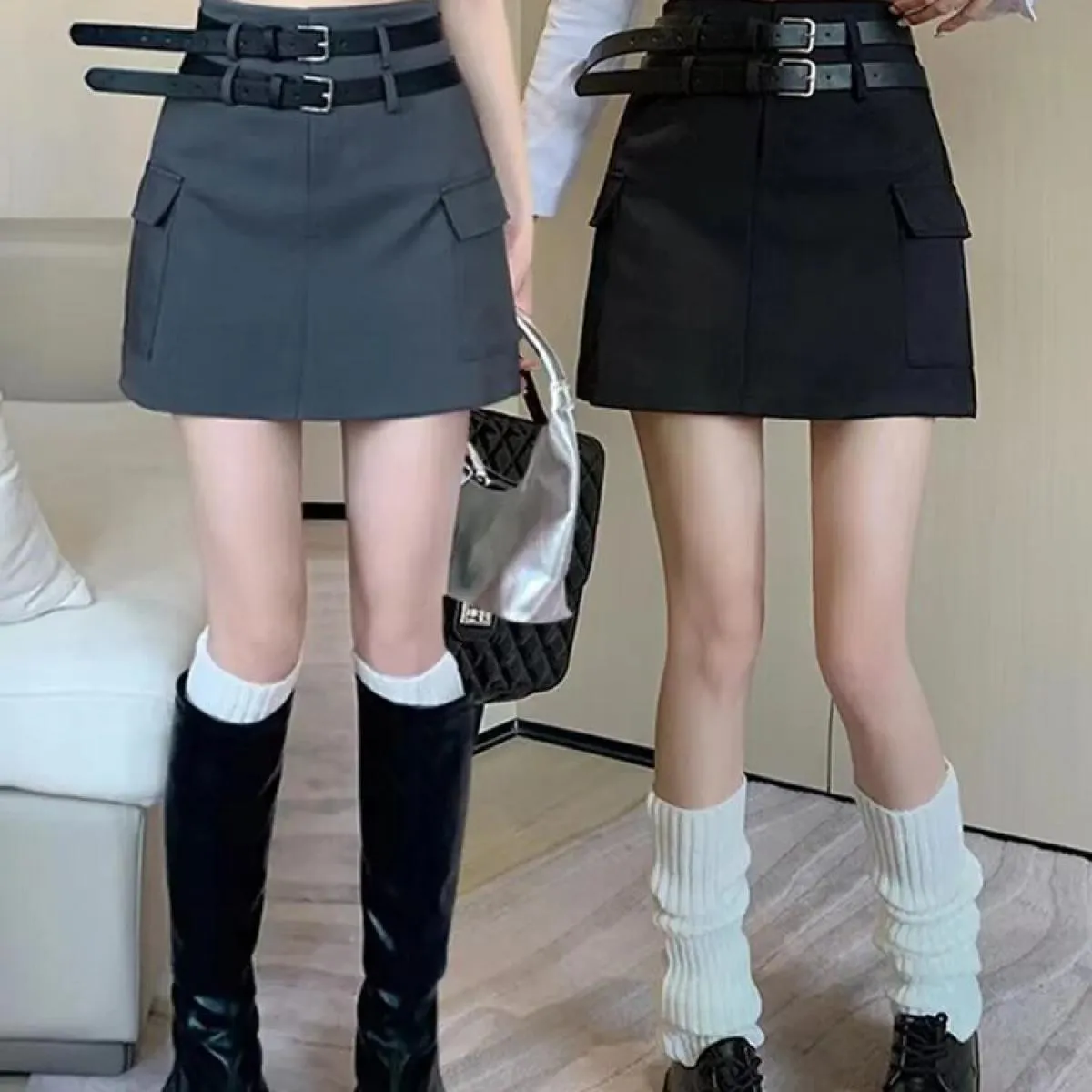 Cargo  Style  Clothes Jupe Harajuku Mini Grey Suits Faldas Mujer Moda 2023 Slim Wrap Hip Black Skirts Ropa Spring