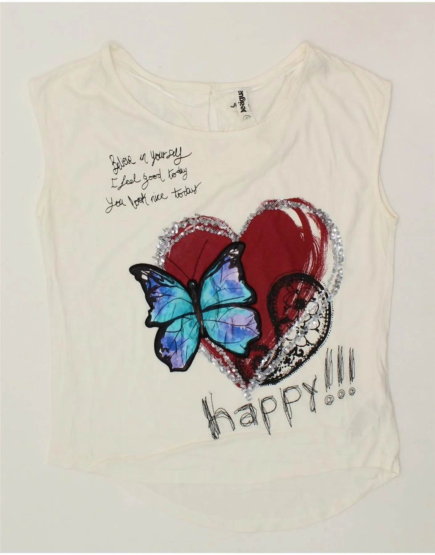 DESIGUAL Womens Sleeveless Graphic Vest Top UK 10 Small White Butterfly